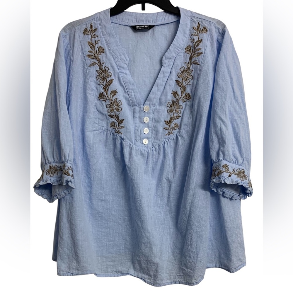 BloomChic Light Blue Embroidered V-Neck Peasant Blouse